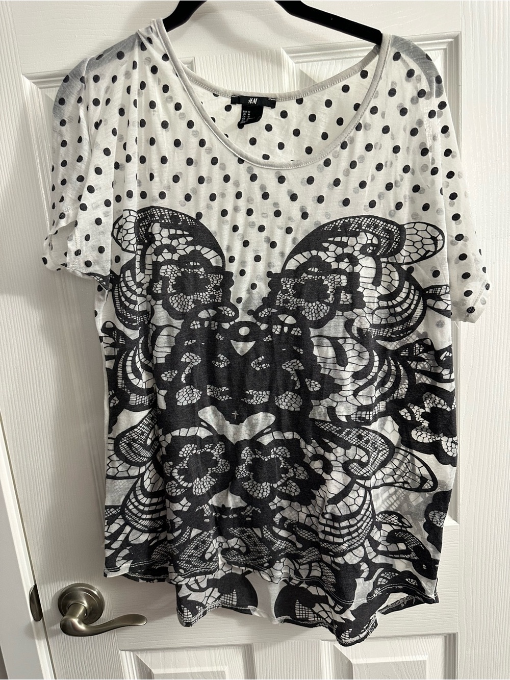 H&M White Tee with Black Polka Dot & Lace-Style Print